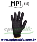 Luva tricotada em algodão e poliéster cor preta, com pigmentos em PVC na palma e face palmar dos dedos, punho com elástico.